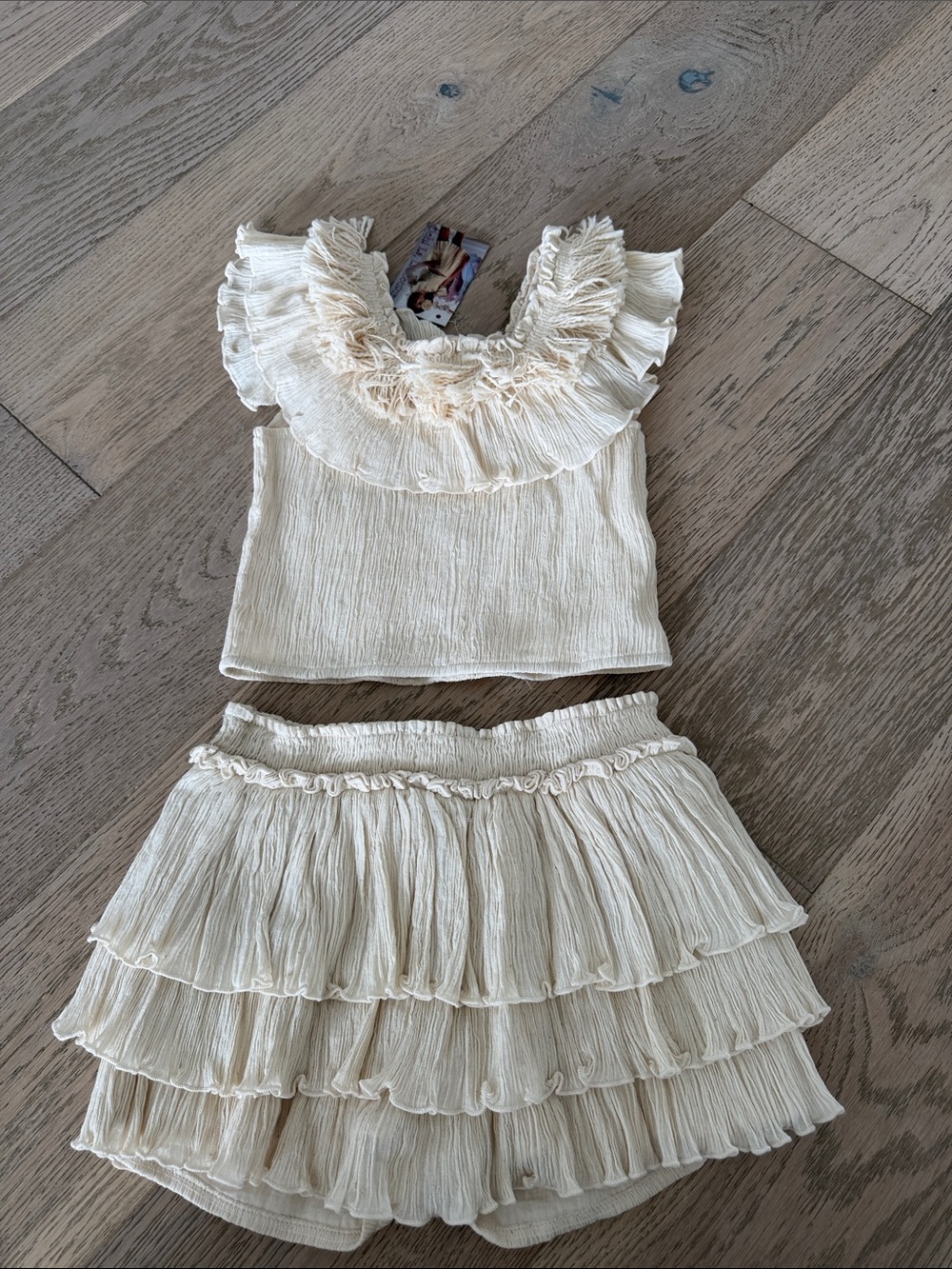 Ooh! La, La! Couture Cream Ruffled Girls Matching Set Top & Skirt